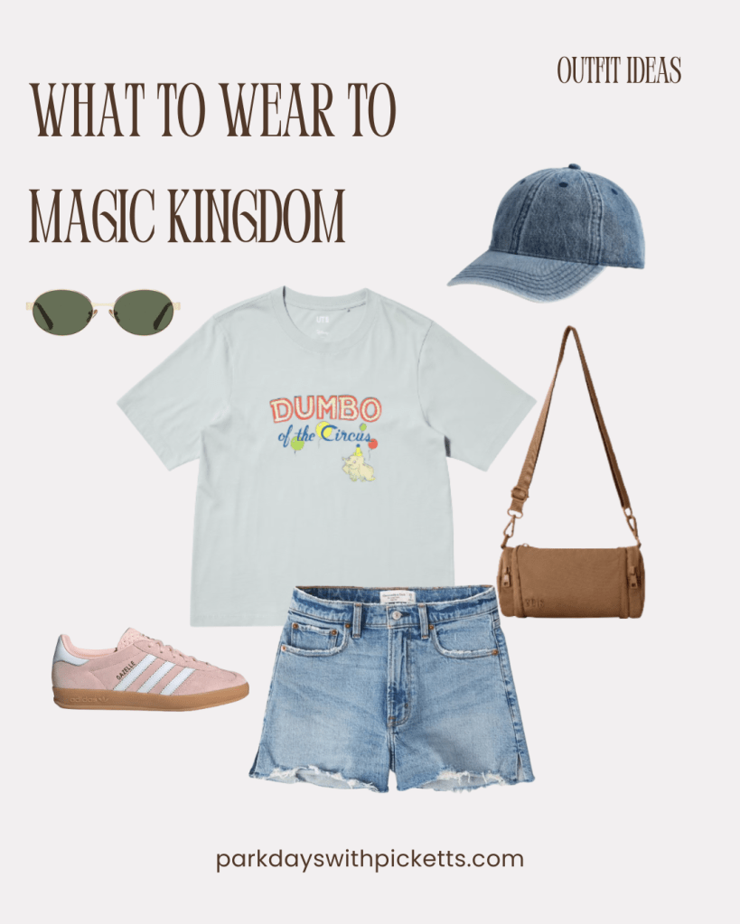 Magic Kingdom outfit idea collage featuring a graphic tee styled with denim shorts, shown as a casual and comfortable theme park look for a day at Magic Kingdom.