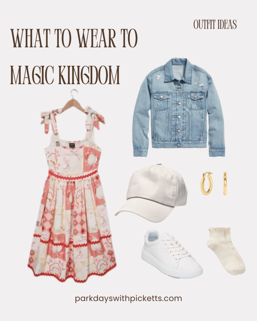 Magic Kingdom outfit idea collage featuring a flowy midi dress paired with sneakers, styled as a breezy and comfortable theme park look for a day at Magic Kingdom.