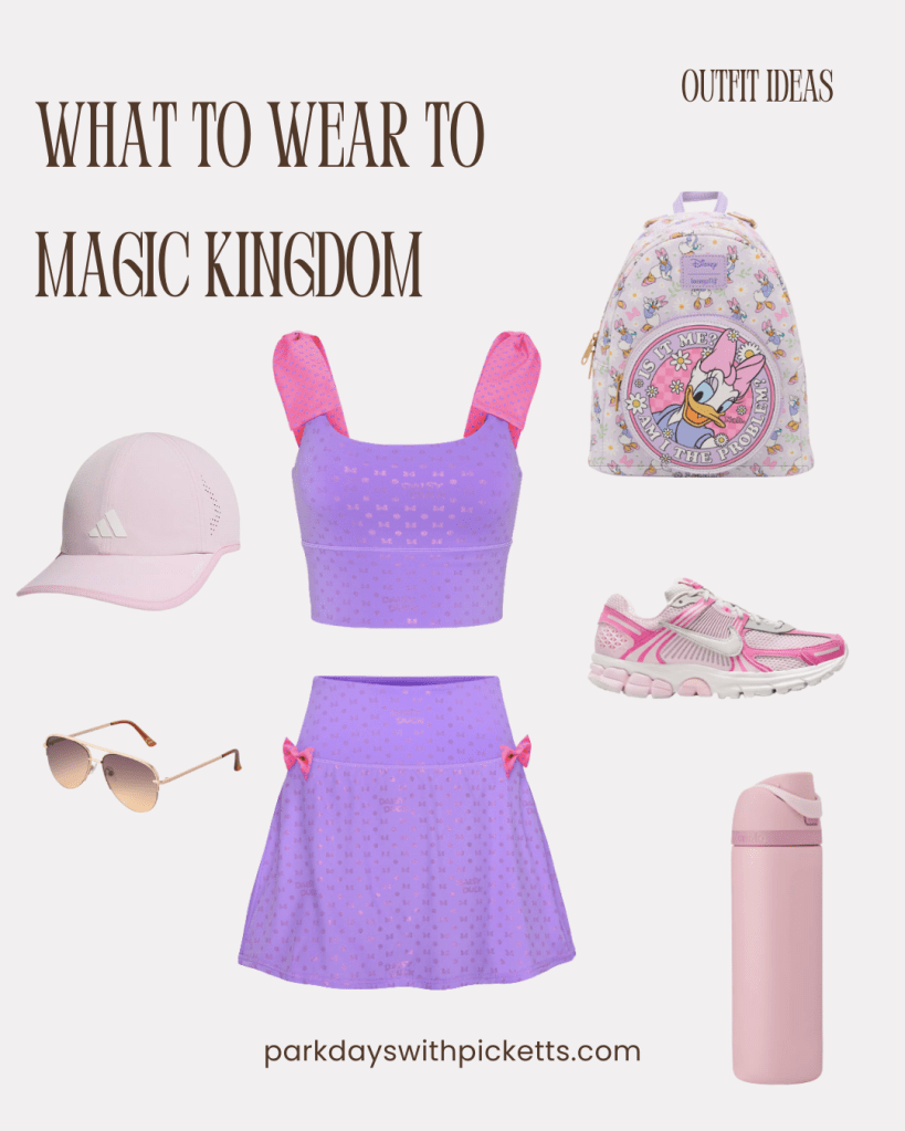 Magic Kingdom outfit idea collage featuring a tank top styled with an athletic skirt, creating a sporty and comfortable theme park outfit perfect for a day at Magic Kingdom.