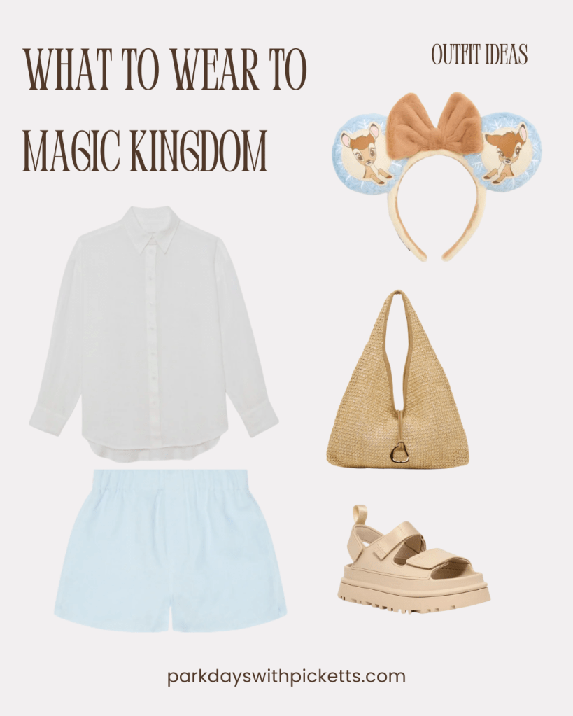 Magic Kingdom outfit idea collage featuring linen shorts paired with a lightweight button-down shirt, styled as a breathable and polished theme park outfit for a day at Magic Kingdom.