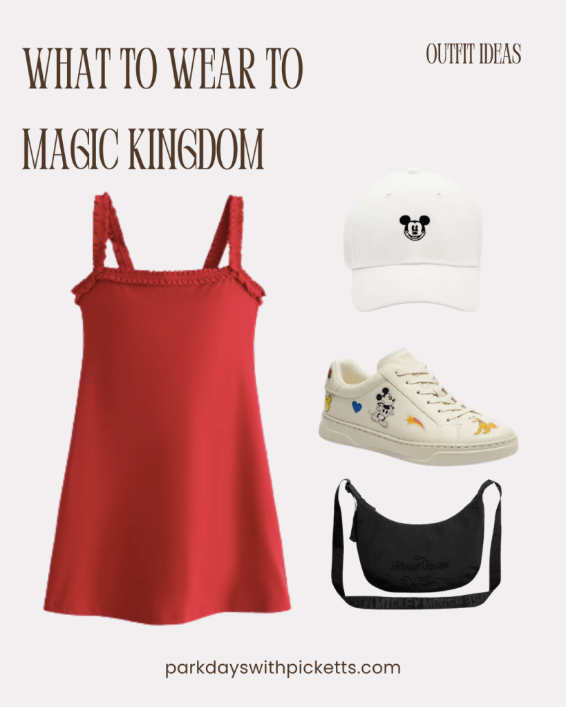 Magic Kingdom outfit idea collage featuring a casual romper styled with comfortable sneakers, creating an easy, one-and-done theme park outfit for a day at Magic Kingdom.