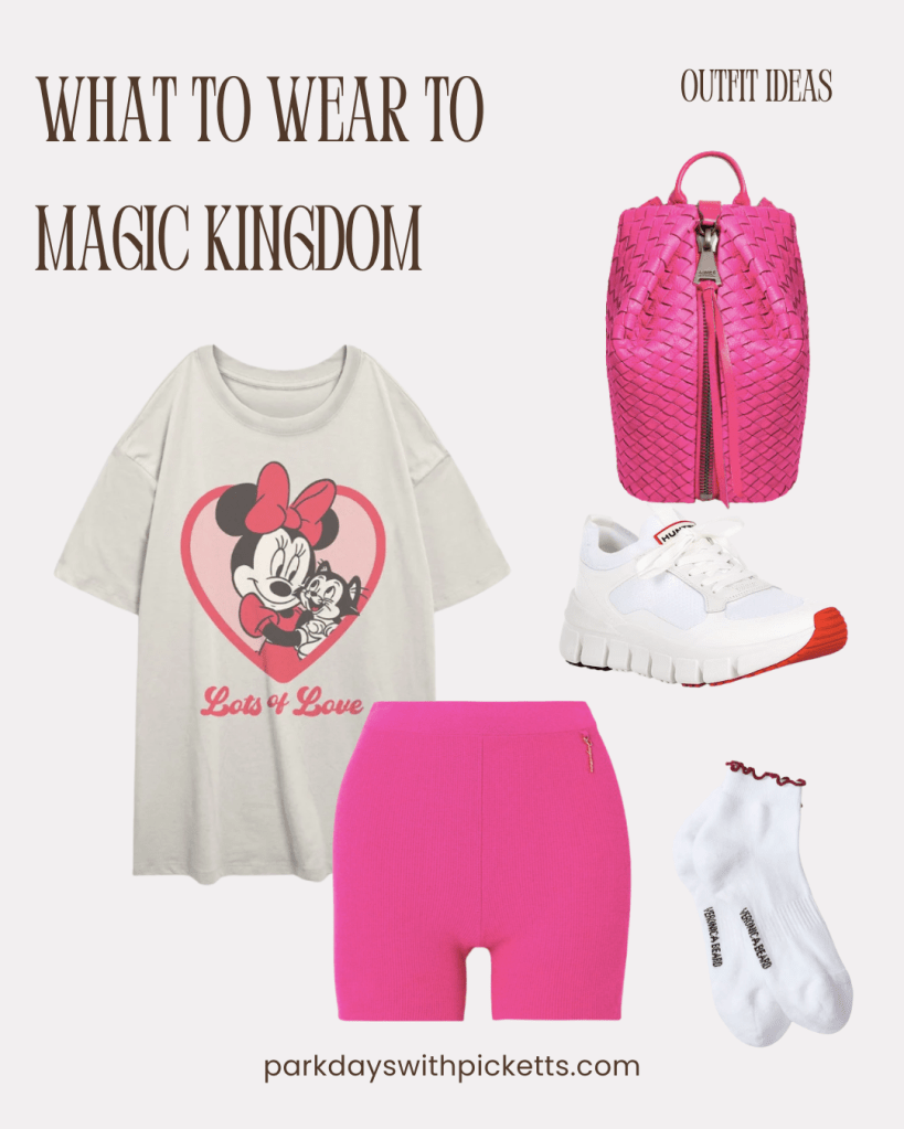 Magic Kingdom outfit idea collage featuring an oversized tee paired with bike shorts, styled as a relaxed and trendy theme park look for a day at Magic Kingdom.