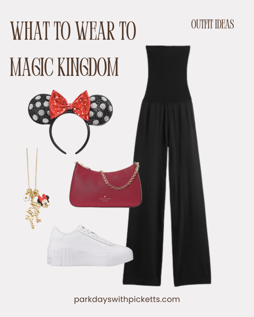 Magic Kingdom outfit idea collage featuring a lightweight jumpsuit styled with platform sneakers, creating a chic yet comfortable theme park outfit for a day at Magic Kingdom.