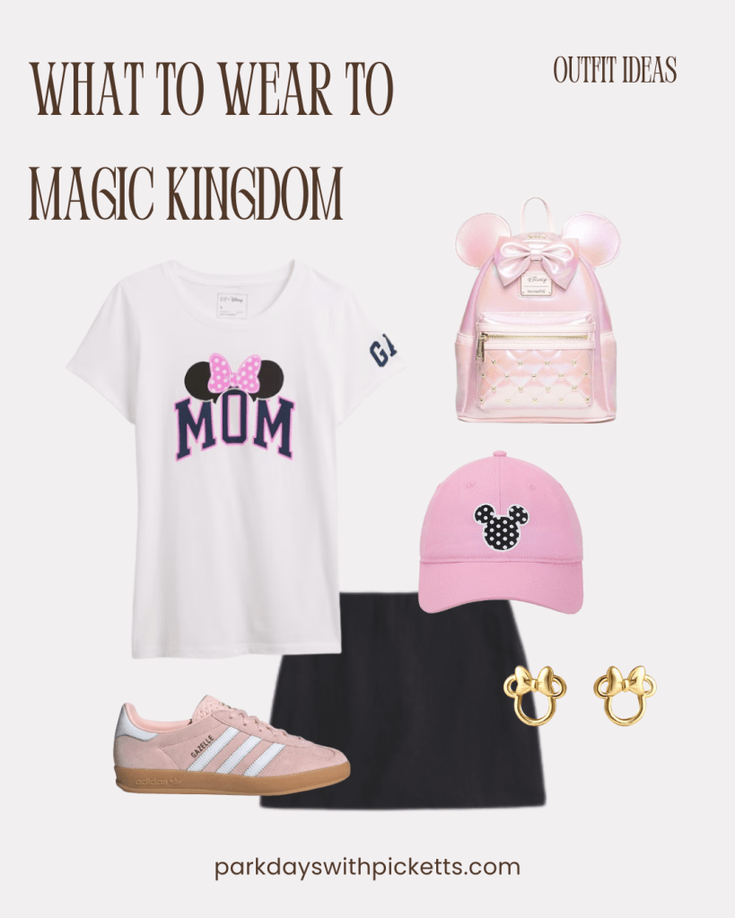 Magic Kingdom outfit idea collage featuring a skort paired with a fitted tee, styled as a cute and practical theme park outfit for a day at Magic Kingdom.