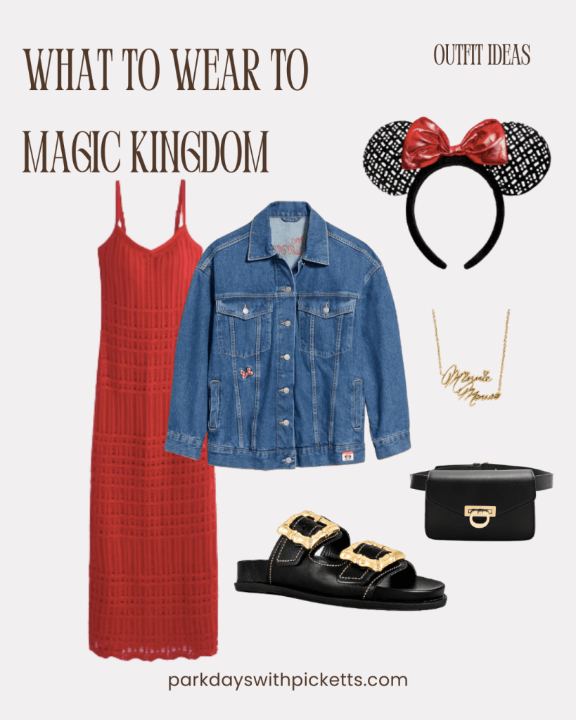 Magic Kingdom outfit idea collage featuring a maxi dress layered with a denim jacket, styled as a comfortable and stylish theme park outfit for a day at Magic Kingdom.