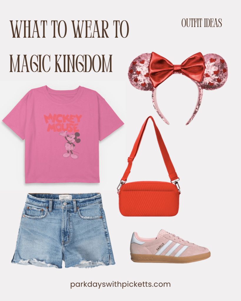 Magic Kingdom outfit idea collage featuring a cropped tee paired with high-waisted shorts, styled as a trendy and comfortable theme park outfit for a day at Magic Kingdom.