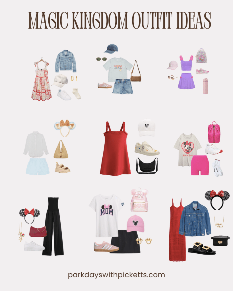 Collage graphic featuring multiple Magic Kingdom outfit ideas, showing a variety of stylish and comfortable looks for a fun day at Magic Kingdom.