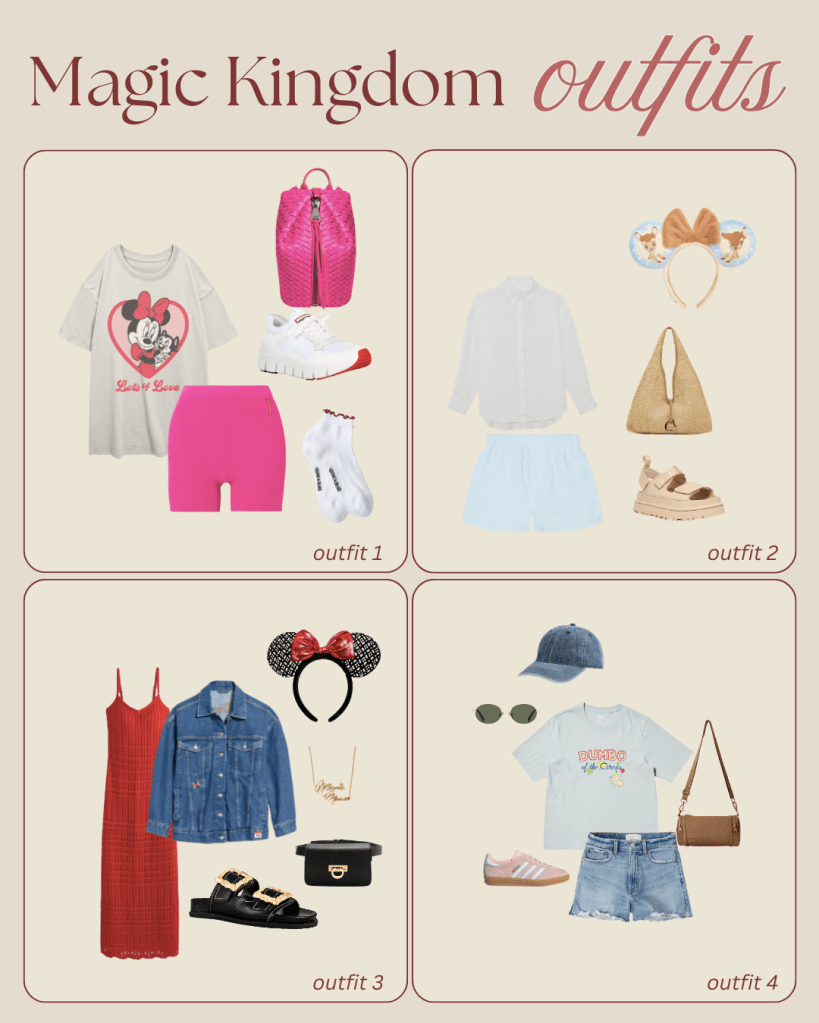 Collage graphic featuring multiple Magic Kingdom outfit ideas, showing a variety of stylish and comfortable looks for a fun day at Magic Kingdom.