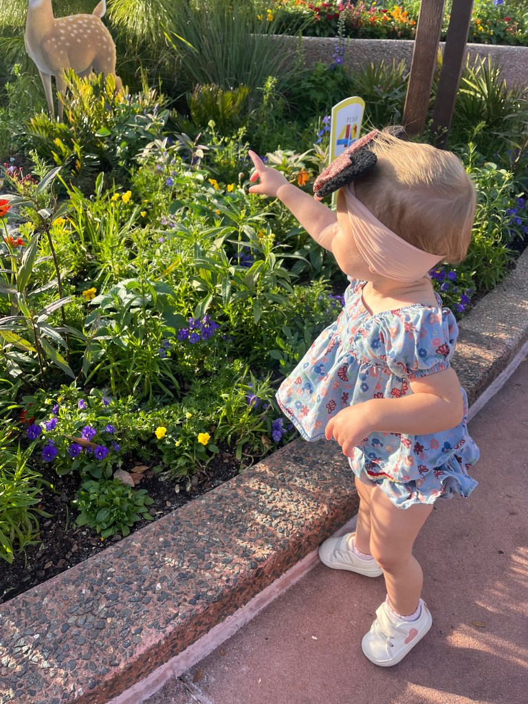 Baby girl at at EPCOT Flower & Garden Festival. 
